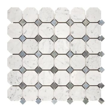 Bianco Carrara White Marble Octagon Mosaic with Blue-Gray Wall Tile