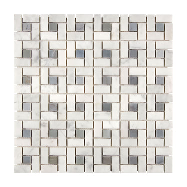Bianco Carrara White Marble Pinwheel Mosaic with Blue-Gray Wall Tile