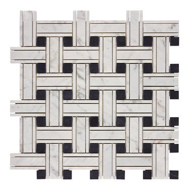 Bianco Carrara White Marble Triple-Weave Mosaic with Black Wall Tile