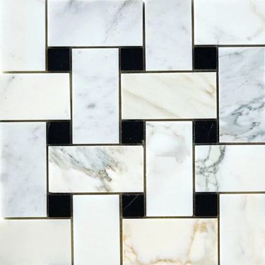 Calacatta Gold Marble Basketweave Large Mosaic (w/ Black) Wall Tile