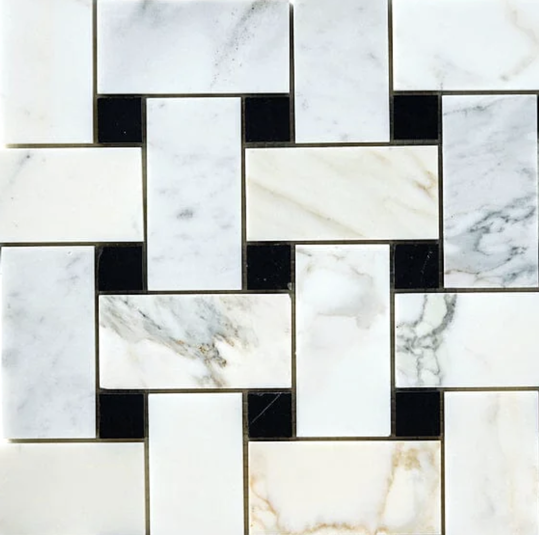 Calacatta Gold Marble Basketweave Large Mosaic (w/ Black) Wall Tile