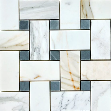 Calacatta Gold Marble Basketweave Large Mosaic (w/ Blue-Gray) Wall Tile