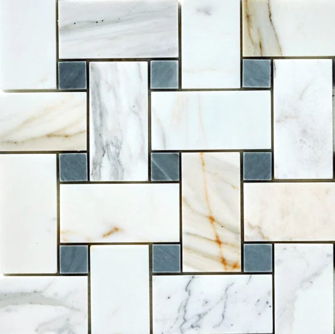 Calacatta Gold Marble Basketweave Large Mosaic (w/ Blue-Gray) Wall Tile