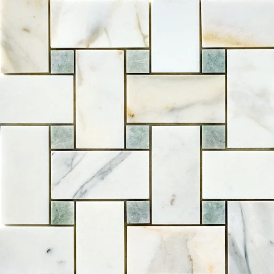 Calacatta Gold Marble Basketweave Large Mosaic (w/ Ming-Green) Wall Tile