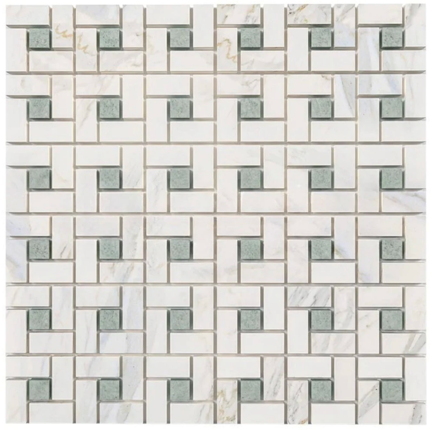 Calacatta Gold Marble Pinwheel Mosaic (w/ Ming-Green) Wall Tile