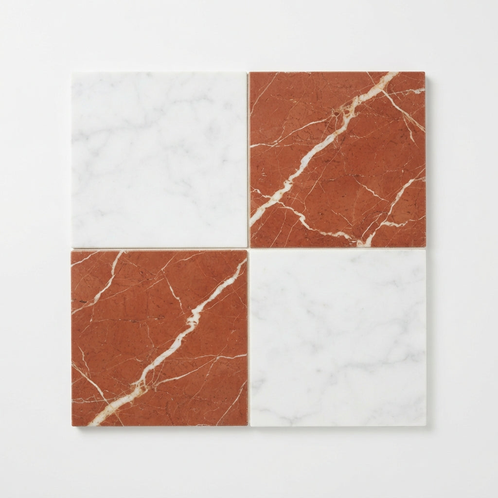 Checkerboard Marble Tile - Bianco Carrara & Rojo Alicante