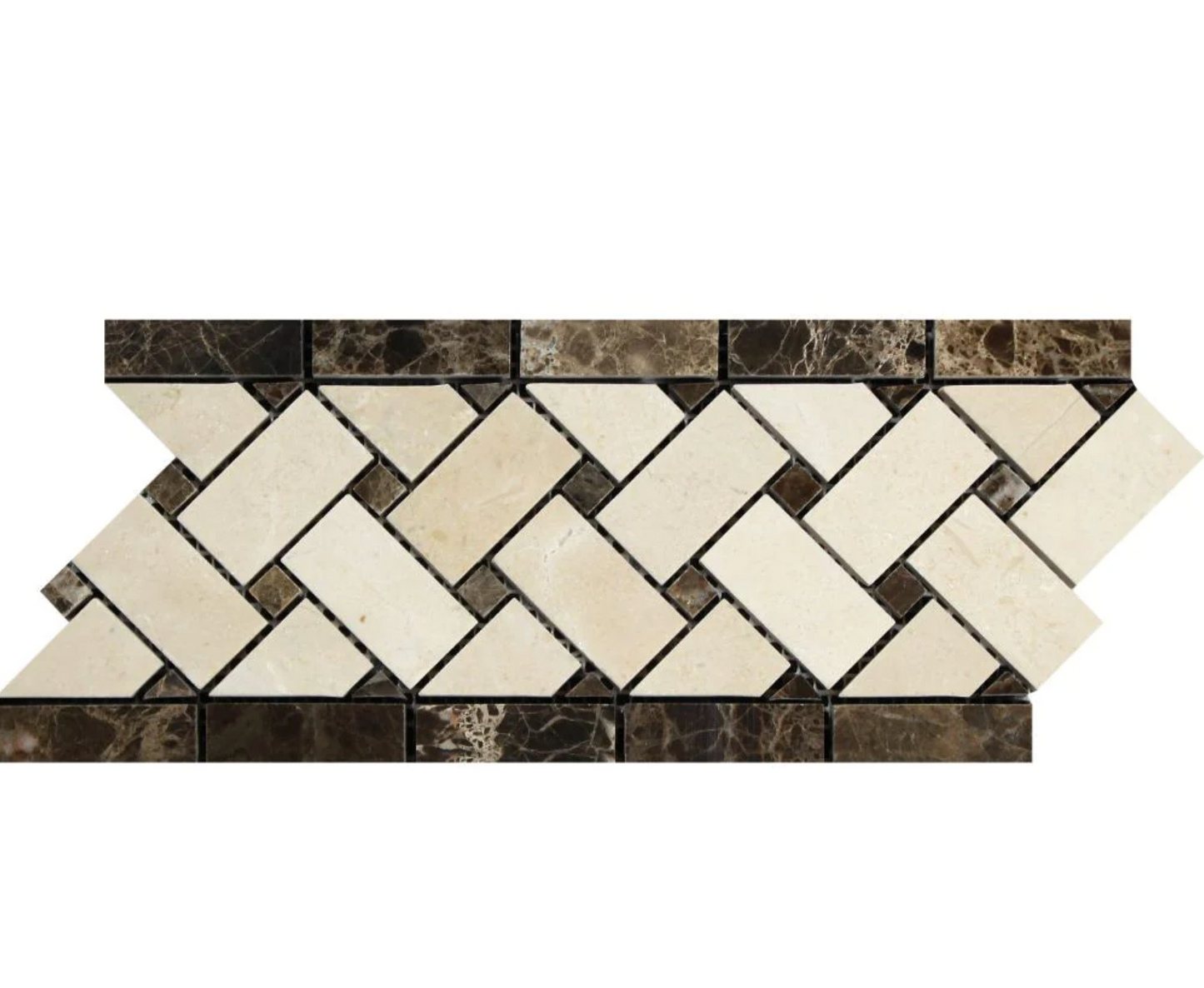 Crema Marfil Marble 4-3/4’’ X 12’’ Basketweave Border w/ Emperador Dark Dots Polished / 1 pcs. Accent & Trim Tile