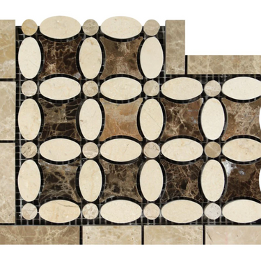 Crema Marfil Marble Florida Flower Border Corner w/ Emperador Light and Dark Dots Polished / 1 pcs. Accent & Trim Tile