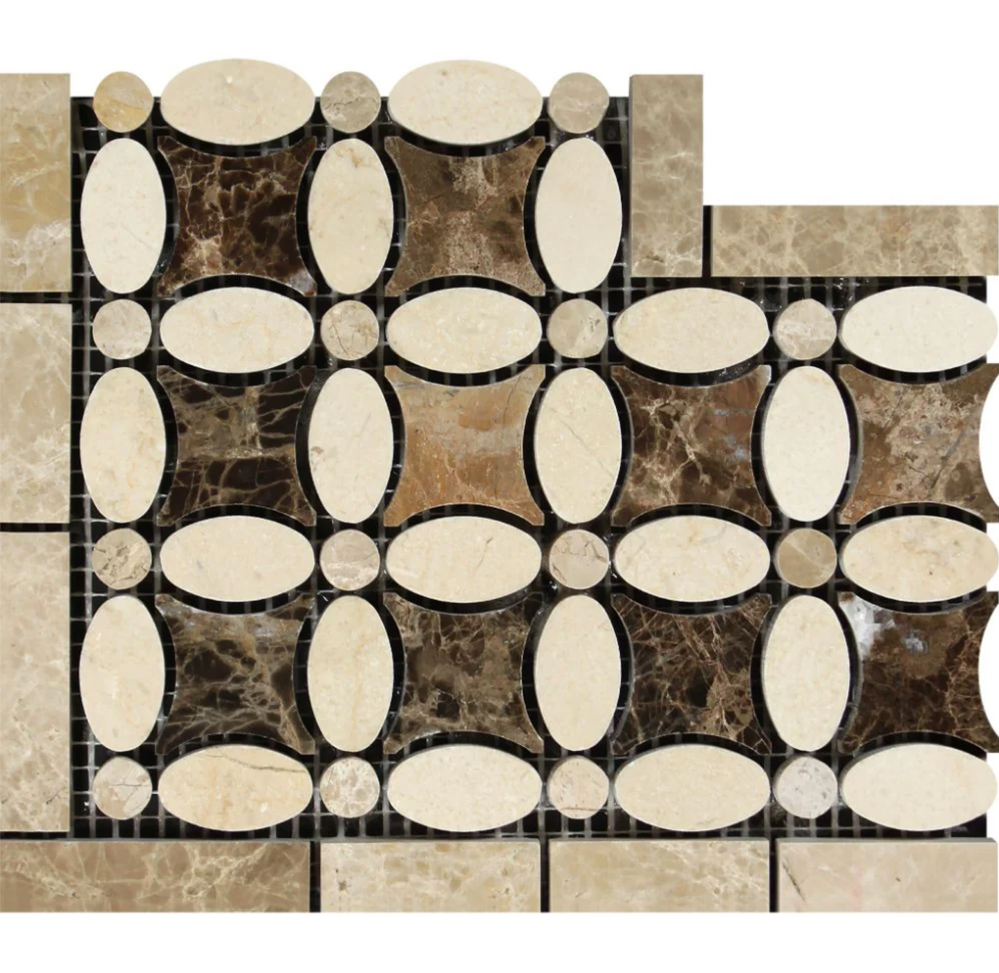 Crema Marfil Marble Florida Flower Border Corner w/ Emperador Light and Dark Dots Polished / 1 pcs. Accent & Trim Tile