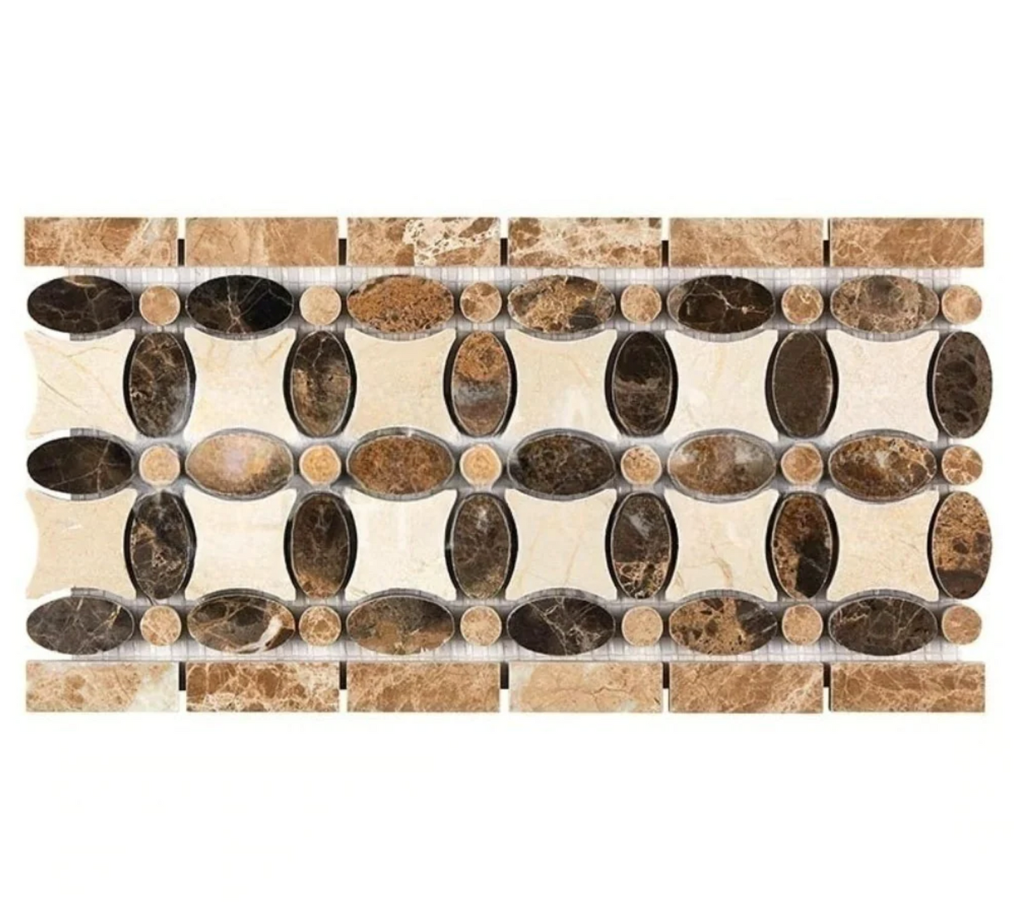 Crema Marfil Marble Florida Flower Border w/ Emperador Light and Dark Dots Polished / 1 pcs. Accent & Trim Tile