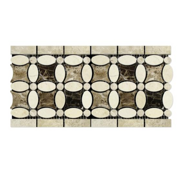 Crema Marfil Marble Florida Flower Border w/ Emperador Light and Dark Dots Polished / 1 pcs. Accent & Trim Tile