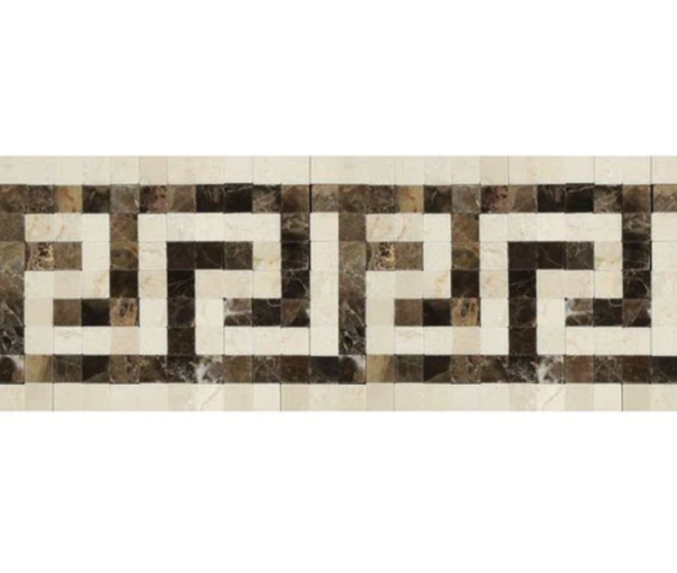 Crema Marfil Marble Greek Key Border w/ Emperador Dark Polished / 1 pcs. Accent & Trim Tile