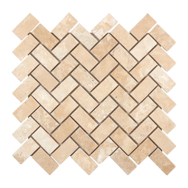 Durango Cream Travertine 1’’ X 2’’ Herringbone Mosaic Tumbled Wall Tile