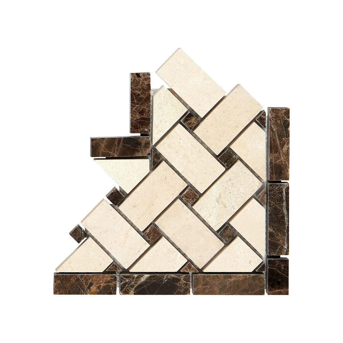 Crema Marfil Marble Basketweave Border Corner w/ Emperador Dark Dots Polished / 1 pcs. Accent & Trim Tile