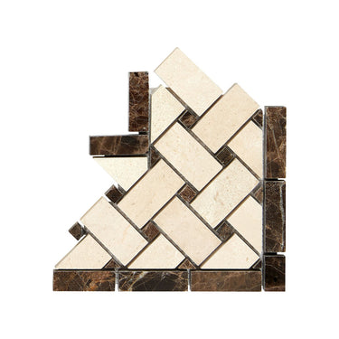 Crema Marfil Marble Basketweave Border Corner w/ Emperador Dark Dots Polished / 1 pcs. Accent & Trim Tile