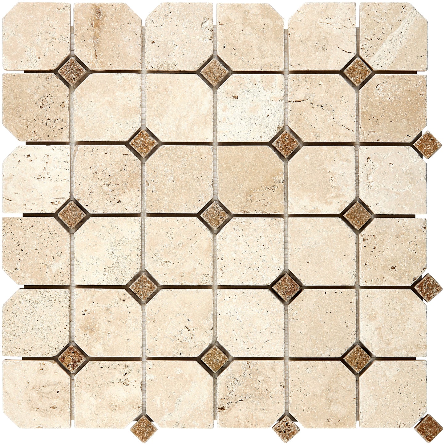 Ivory (Light) Travertine Octagon Mosaic w/ Noce Dots Tumbled Wall Tile
