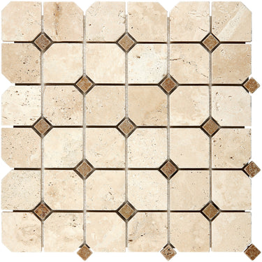 Ivory (Light) Travertine Octagon Mosaic w/ Noce Dots Tumbled Wall Tile