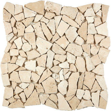 Ivory (Light) Travertine Flat Pebble/Random Broken Mosaic Tumbled Wall Tile