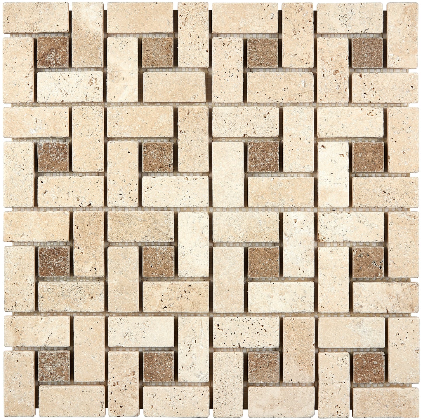 Ivory (Light) Travertine 1’’ X 2’’ Pinwheel Mosaic w/ Noce Dots Tumbled Wall Tile