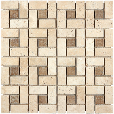 Ivory (Light) Travertine 1’’ X 2’’ Pinwheel Mosaic w/ Noce Dots Tumbled Wall Tile