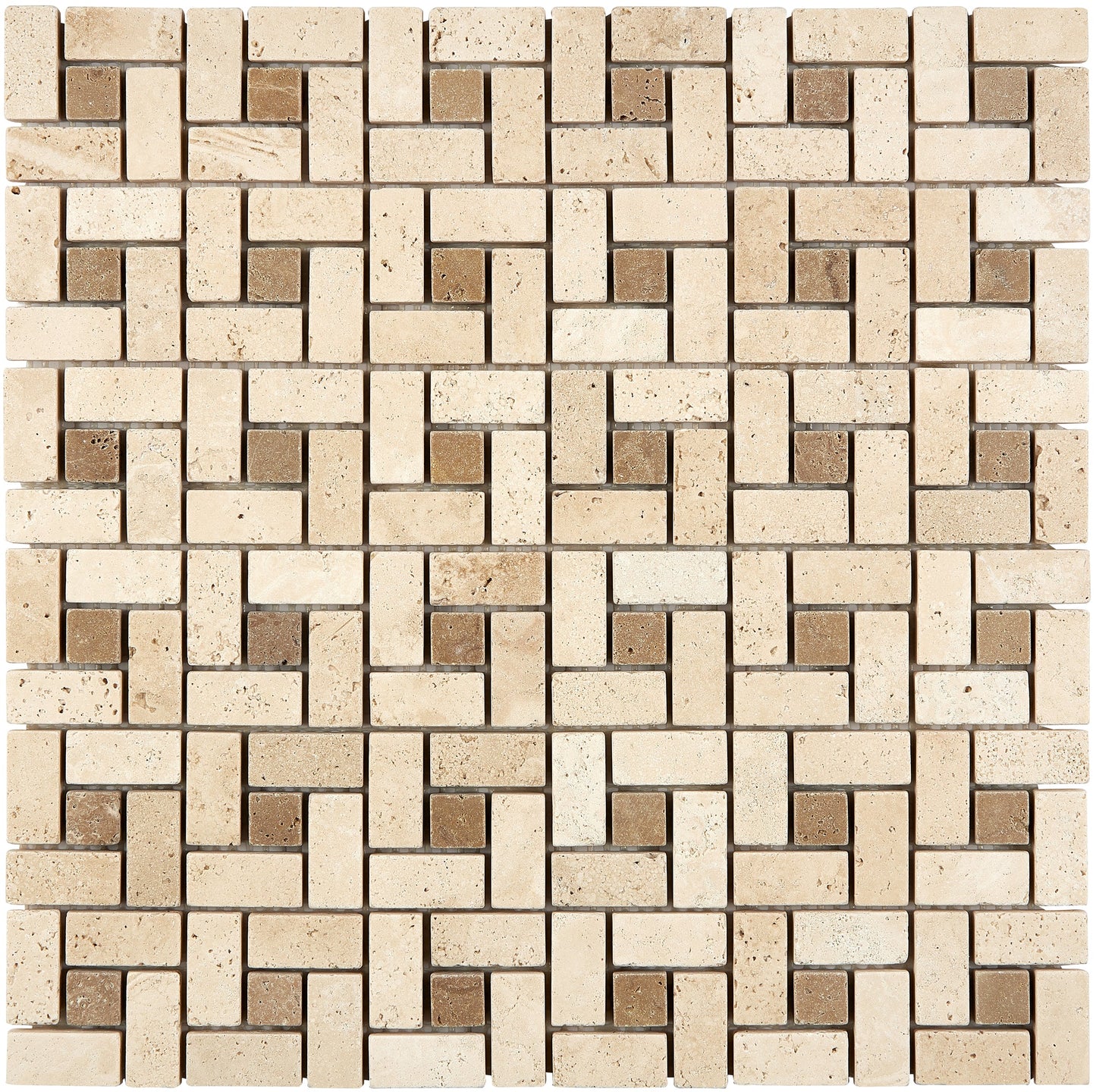 Ivory (Light) Travertine 5/8’’ X 1 1/4’’ Pinwheel Mosaic w/ Noce Dots Tumbled Wall Tile