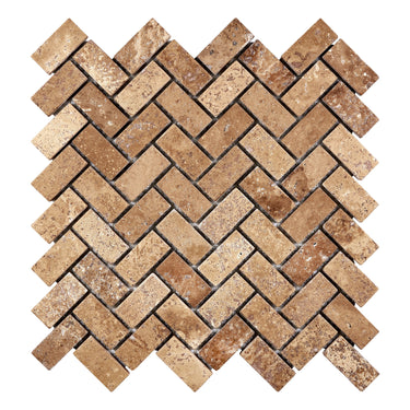Noce Travertine 1’’ X 2’’ Herringbone Mosaic Tumbled Wall Tile