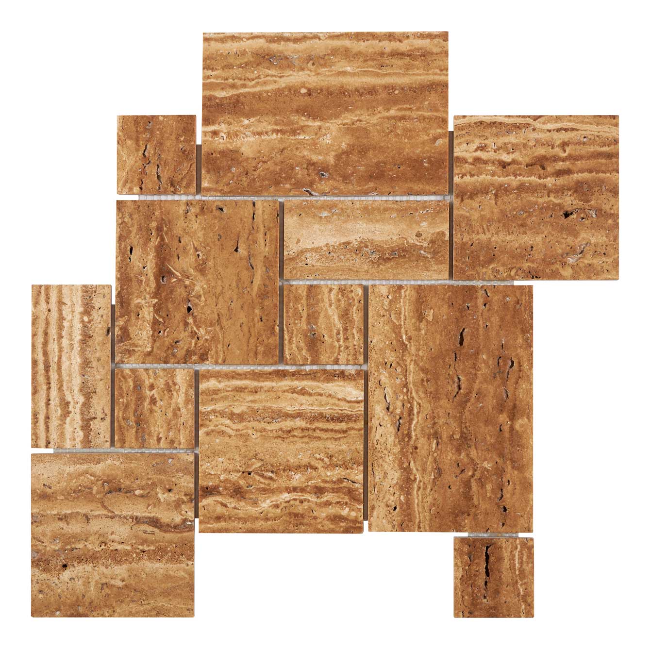 Noce Exotic Travertine Vein-Cut OPUS Mini-Pattern Mosaic Brushed & Unfilled/Polished & Unfilled Brushed & Unfilled