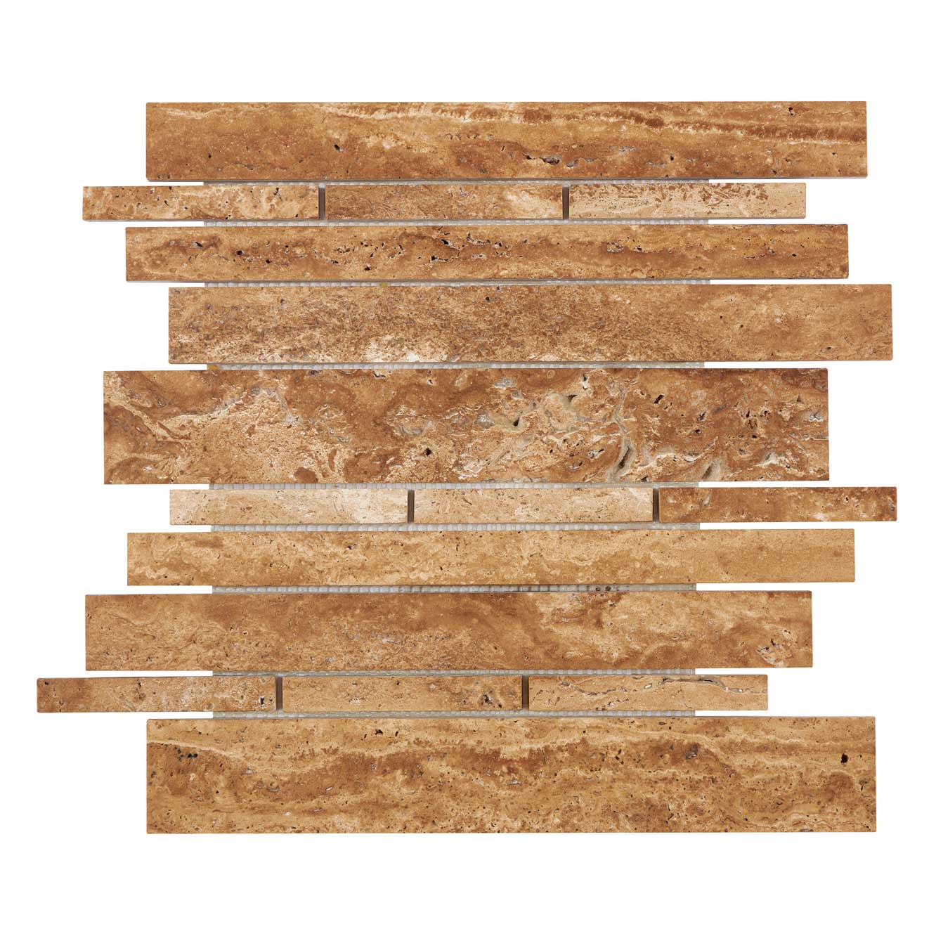 Noce Exotic Travertine Mosaic - Manhattan Random-Strip Vein-Cut