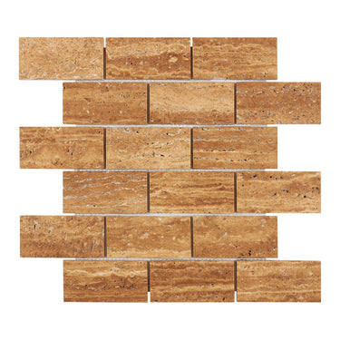 Noce Exotic Travertine Vein-Cut 2’’ X 4’’ Brick Mosaic Brushed & Unfilled/Polished & Unfilled Brushed & Unfilled