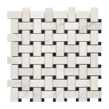 Oriental White Marble Tile - Basketweave Mosaic (w/ Black) Polished/Honed Wall Tile