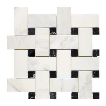 Oriental White Marble Tile - Basketweave Large Mosaic (w/ Black) Polished/Honed Wall Tile