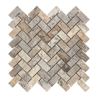 Silver Pewter Blend Travertine 1’’ X 2’’ Herringbone Mosaic Tumbled Wall Tile