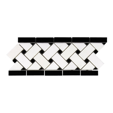 Thassos White Marble 4-3/4’’ X 12’’ Basketweave Border (w/ Black) Polished/Honed Accent & Trim Tile