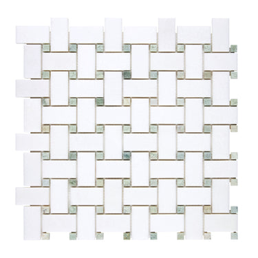 Thassos White Marble Basketweave Mosaic (w/ Ming Green) Polished/Honed Backsplash Tile