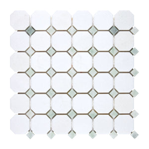Thassos White Marble Mosaic - Octagon with Ming-Green Dots