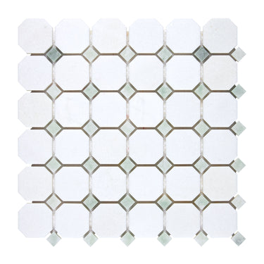 Thassos White Marble Octagon Mosaic (w/ Ming Green) Polished/Honed Backsplash Tile