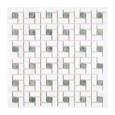 Thassos White Marble Pinwheel Mosaic (w/ Ming Green) Polished/Honed Backsplash Tile