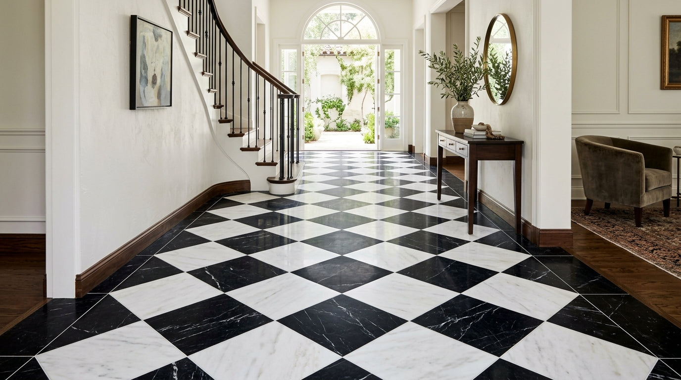 Checkerboard Marble Tile - Thassos White & Nero Marquina