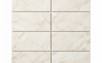 White Pearl (Turkish Botticino) Marble Tile - 3x6. A 3x6 grid of square cream and off-white marble-look tiles with soft beige veining, shown on a plain white background.