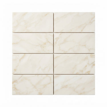 White Pearl (Turkish Botticino) Marble Tile - 3x6. A 3x6 grid of square cream and off-white marble-look tiles with soft beige veining, shown on a plain white background.