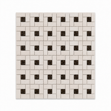 White Pearl (Turkish Botticino) Marble Mosaic - Pinwheel with Emperador Dark Dots
