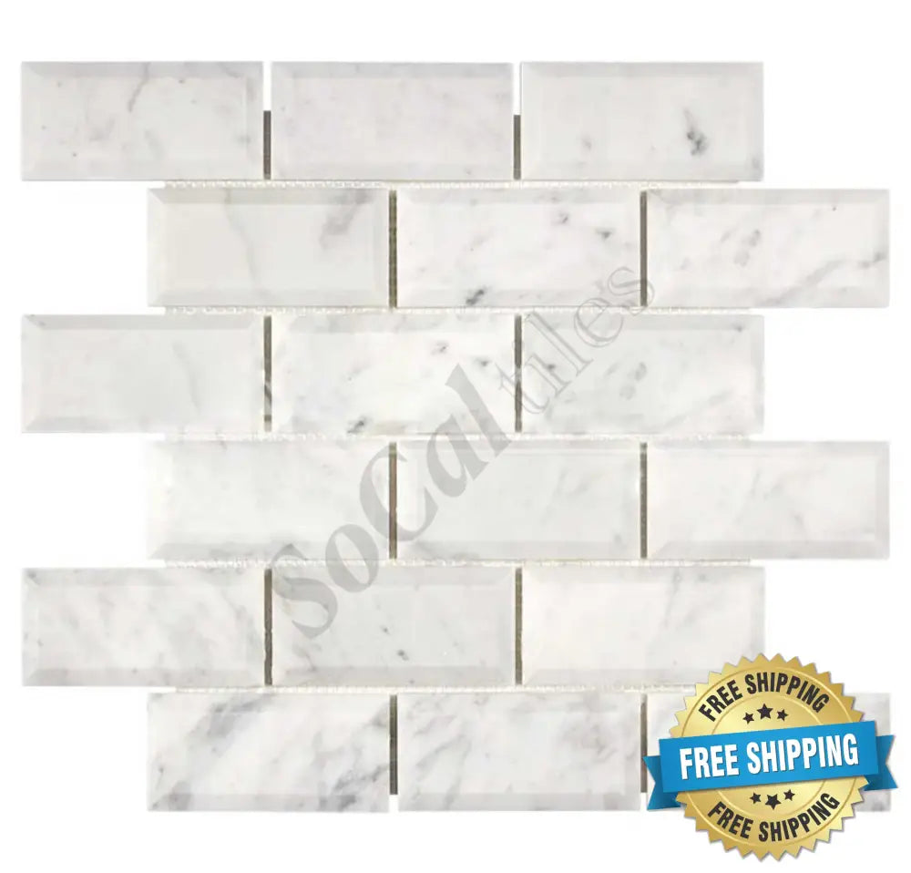 Bianco Carrara White Marble 2’’ X 4’’ Deep-Beveled Brick Mosaic Wall Tile