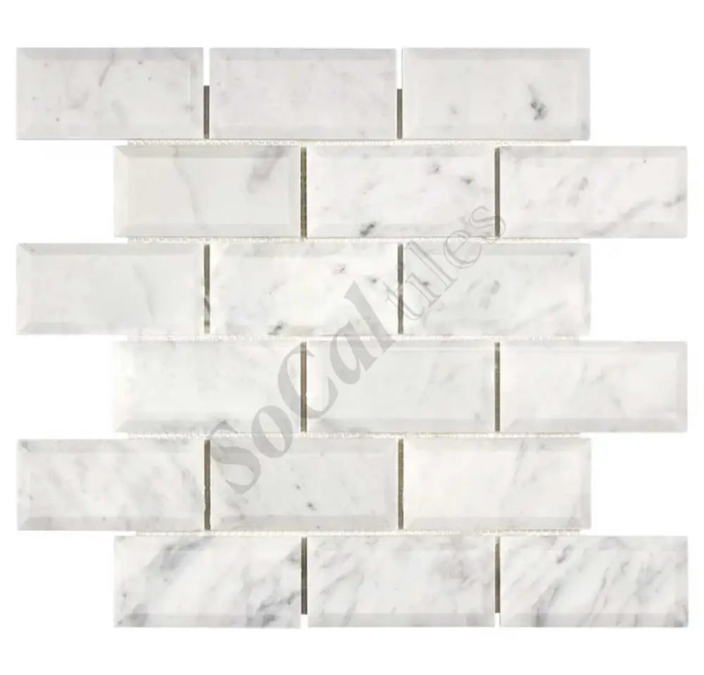 Bianco Carrara White Marble 2’’ X 4’’ Deep-Beveled Brick Mosaic Wall Tile