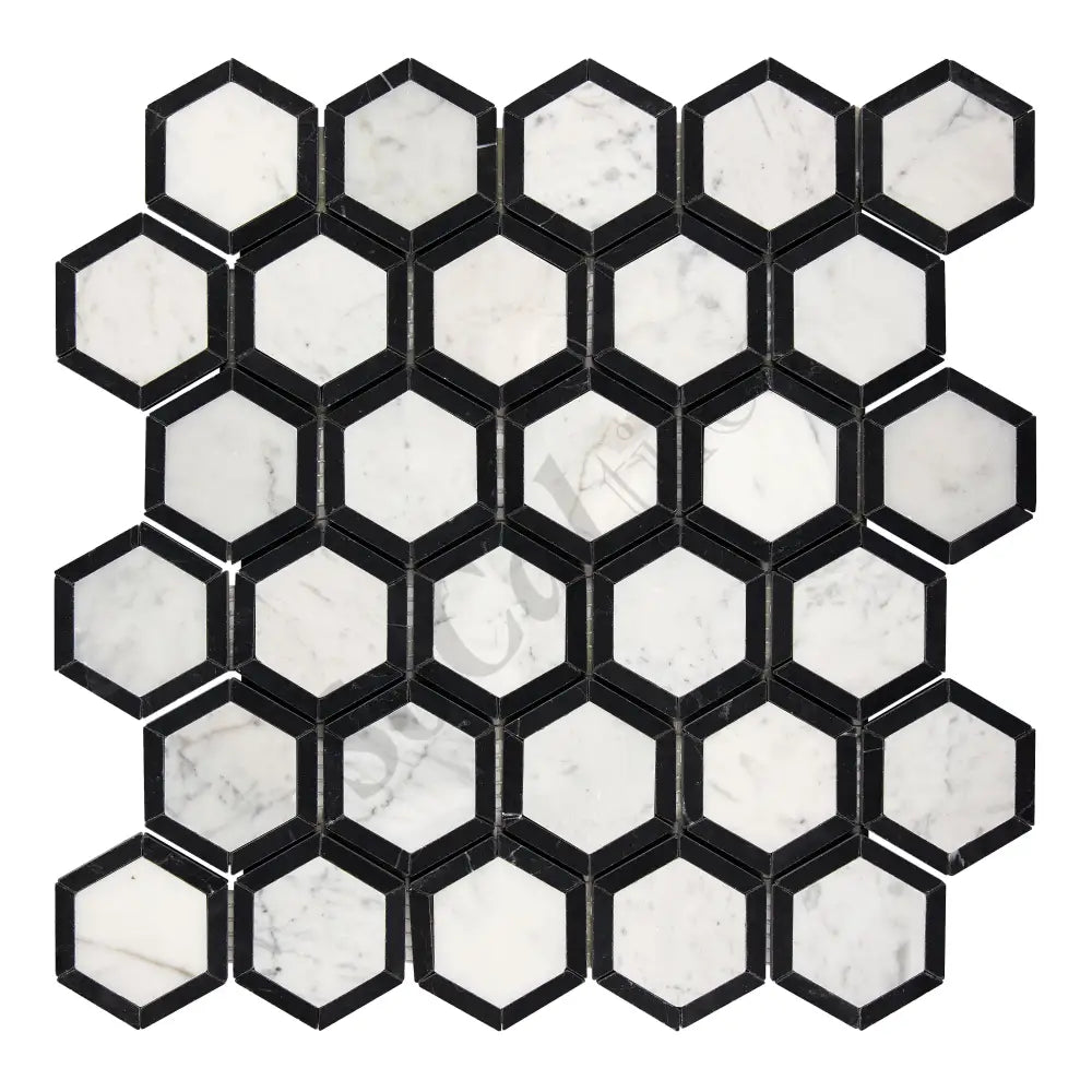 Bianco Carrara White Marble 2’’ X 2’’ Vortex Hexagon (w/ Black) Wall Tile