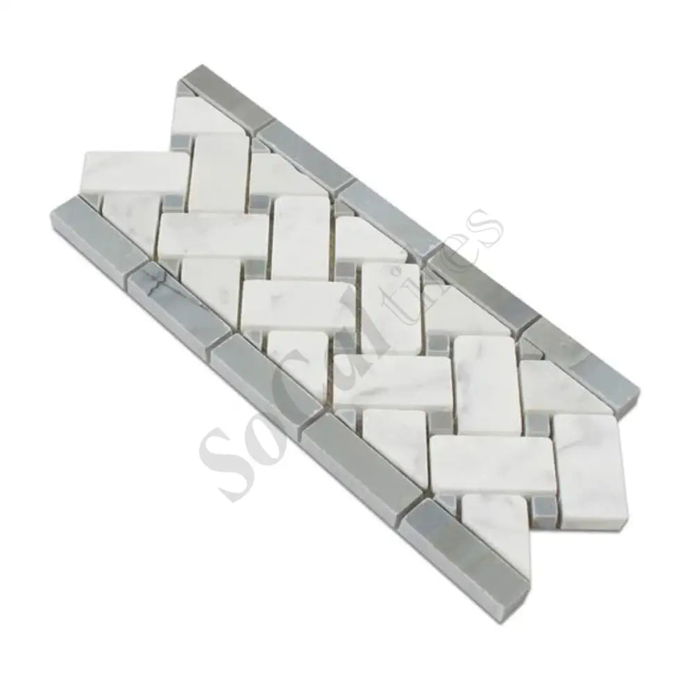 Bianco Carrara White Marble 4-3/4’’ X 12’’ Basketweave Border (w/ Blue-Gray) Accent & Trim Tile