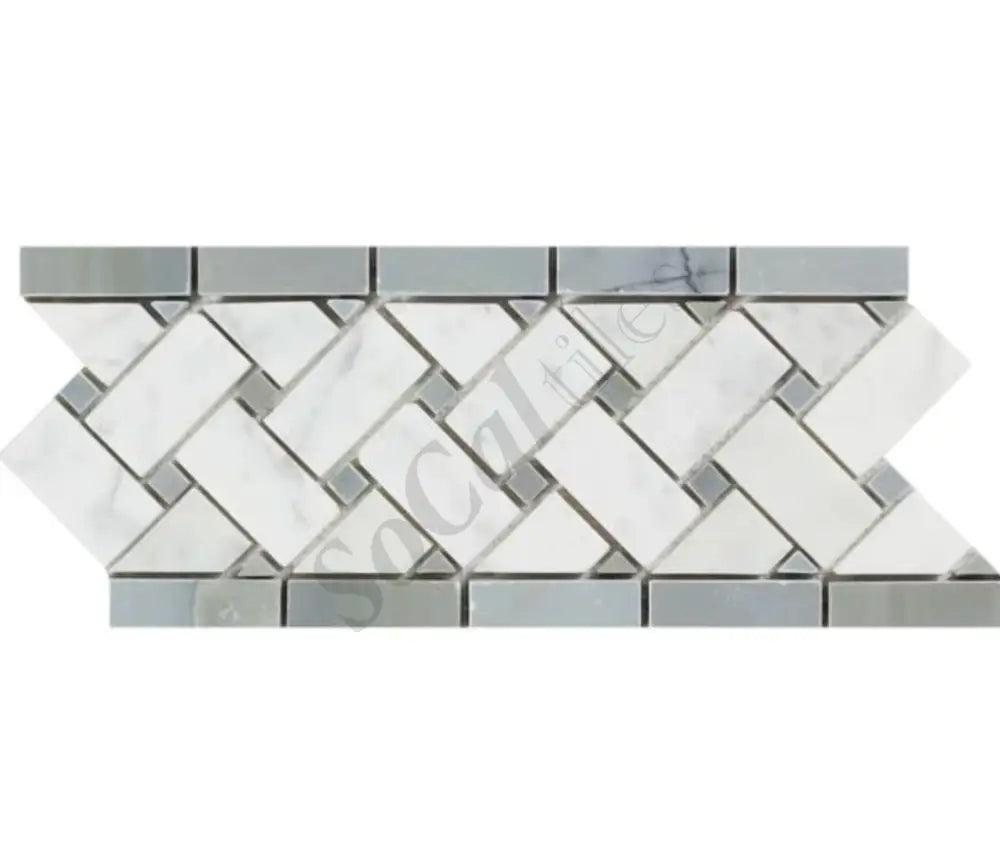 Bianco Carrara White Marble 4-3/4’’ X 12’’ Basketweave Border (w/ Blue-Gray) Accent & Trim Tile
