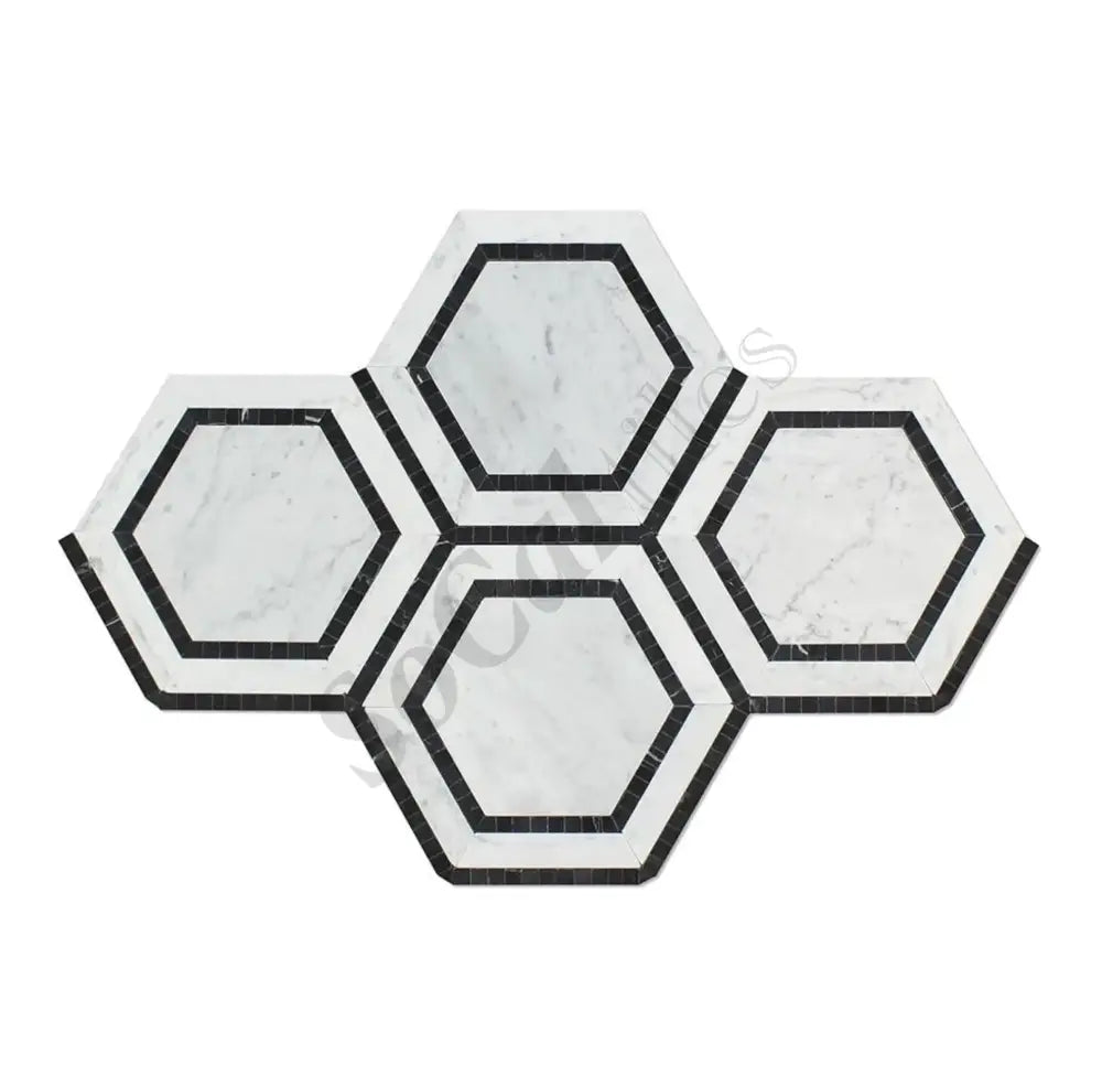 Bianco Carrara White Marble 5’’ X 5’’ Hexagon Combination Mosaic (w/ Black) Wall Tile
