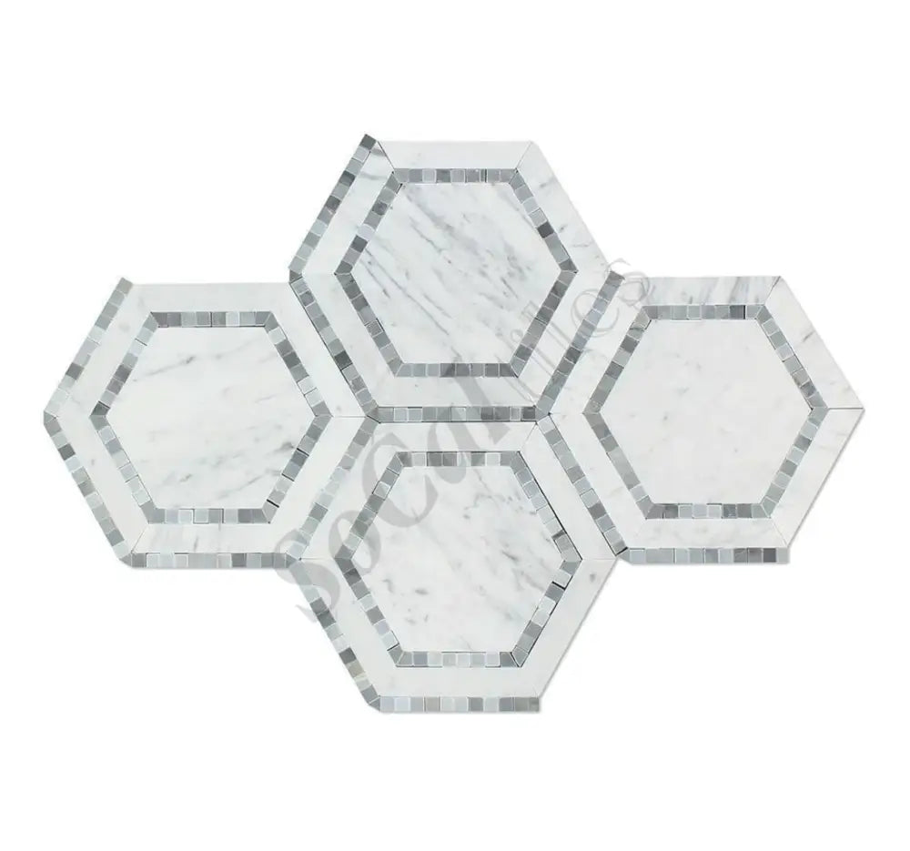 Bianco Carrara White Marble 5’’ X 5’’ Hexagon Combination Mosaic (w/ Blue-Gray) Wall Tile