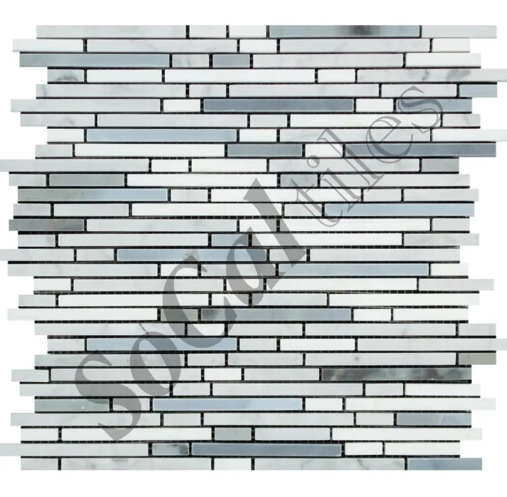 Bianco Carrara White Marble Bamboo Sticks Mosaic (w/ Blue-Gray) Wall Tile