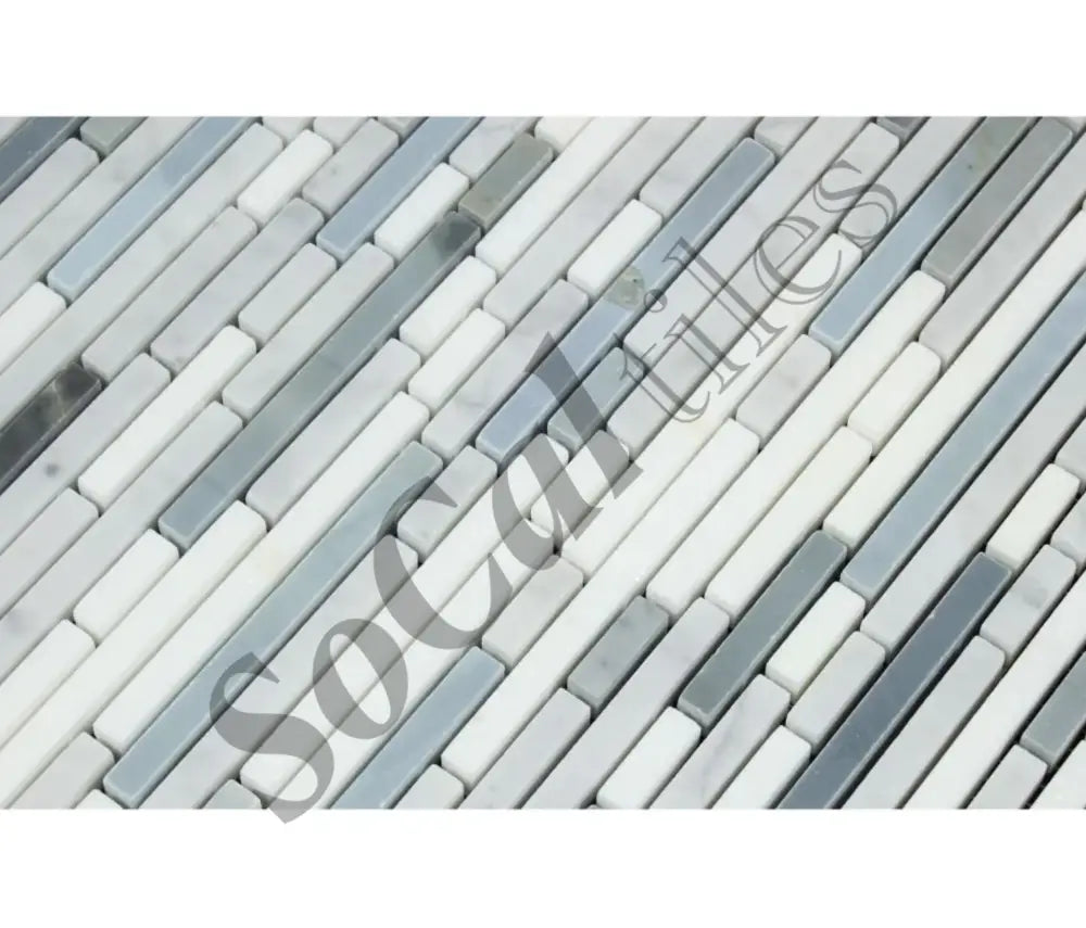 Bianco Carrara White Marble Bamboo Sticks Mosaic (w/ Blue-Gray) Wall Tile